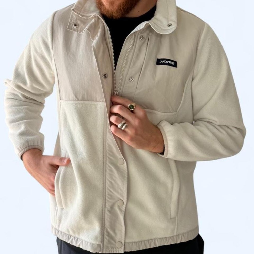 Lands End Mens Fleece‎ Jacket Tan Beige Colorblock Full Zip Size L
